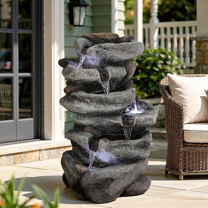 20" H Outdoor Water Fountain with LED Lights, 5-Tier Rock Outdoor Fountain with Pump,Polyresin Cascading Freestanding Waterfall Feature for Tranquil Garden, Patio or Porch