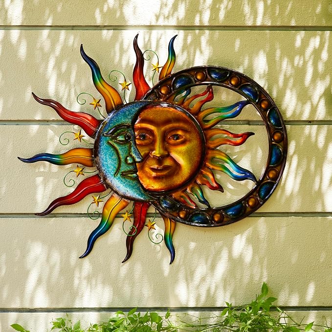 Glitzhome Sun and Moon Wall Decor, 33.5 Inch Celestial Metal Wall Art with Glossy Color Finish and Antique Details, Outdoor Sun and Moon Decor for Garden Porch Patio Home