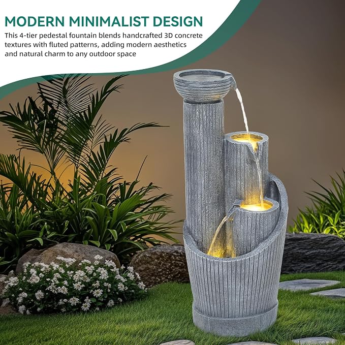 AUTODAYA 31" 5-Tier Twist Pedestal Outdoor Fountain LED Cascading Waterfall | geometric twist Pedestal Bowl design, fluted texture, patio garden, Backyard, Deck, or Porch