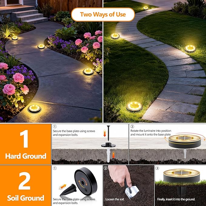 Joomer 2-in-1 Solar Lights Outdoor Waterproof, 4 Pack 8 LED, Warm White | Solar Powered Garden Lights Ground Disc Landscape Lighting for Patio Pathway Lawn Yard Driveway Walkway Deck Step
