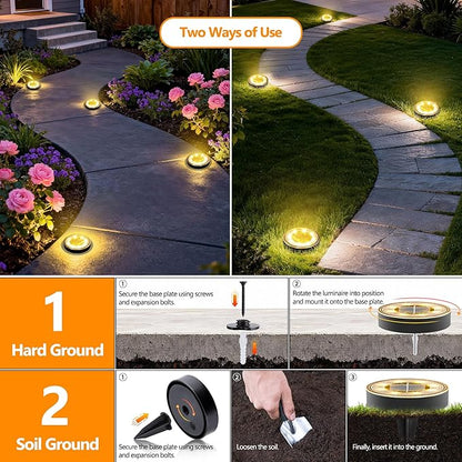 Joomer 2-in-1 Solar Lights Outdoor Waterproof, 4 Pack 8 LED, Warm White | Solar Powered Garden Lights Ground Disc Landscape Lighting for Patio Pathway Lawn Yard Driveway Walkway Deck Step