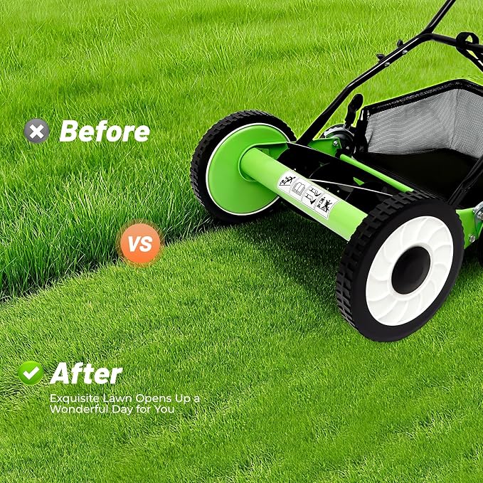 Manual Reel Lawn Mower, 16 Inch 5-Blade Cordless Push Mower with Adjustable Cutting Height and Grass Catcher for Yard, Garden