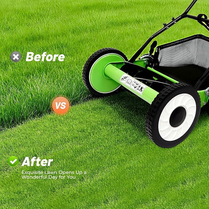 Manual Reel Lawn Mower, 16 Inch 5-Blade Cordless Push Mower with Adjustable Cutting Height and Grass Catcher for Yard, Garden