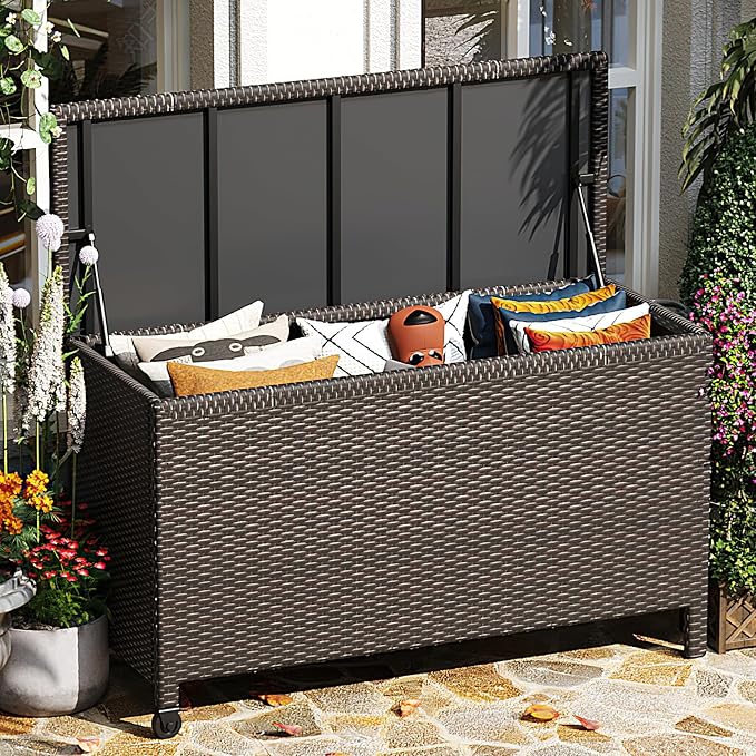 Wicker Deck Box, 125 Gallon All-Weather Outdoor Storage Box, Rattan Storage Bin for Patio Furniture, Outdoor Cushions, Pool Storage and Garden Tools, Brown