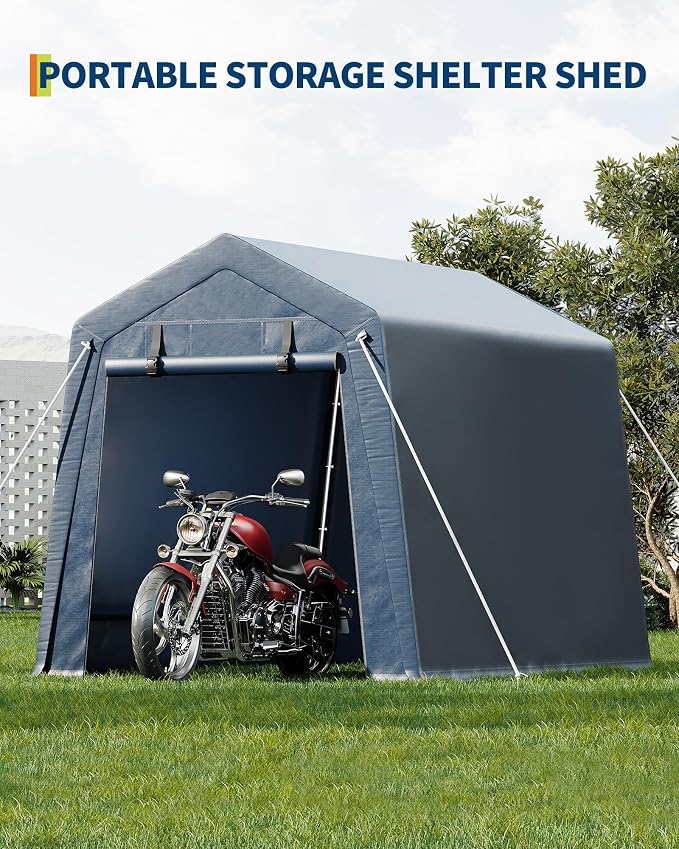 6x6 ft Outdoor Storage Shed, Portable Carport with Roll-up Ventilated Zipper Door and Windows, Heavy Duty Waterproof Tarp, Storage Sheds for Motorcycle, Bike, Firewood, Garden Tools