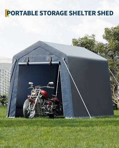 6x6 ft Outdoor Storage Shed, Portable Carport with Roll-up Ventilated Zipper Door and Windows, Heavy Duty Waterproof Tarp, Storage Sheds for Motorcycle, Bike, Firewood, Garden Tools