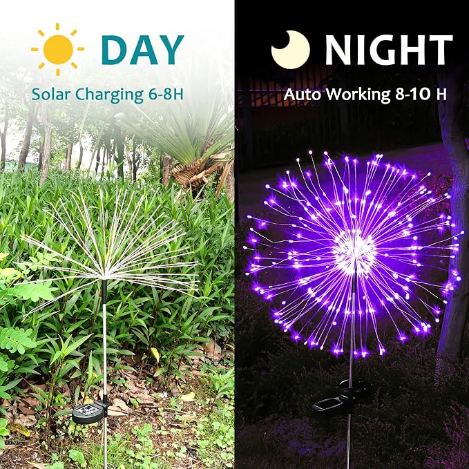 JJGoo Solar Firework Lights, 2 Pack 120 LEDs 2 Lighting Modes Solar Garden Lights Outdoor Waterproof for Yard Patio Walkway Pathway Party Wedding Christmas Decorative - Purple