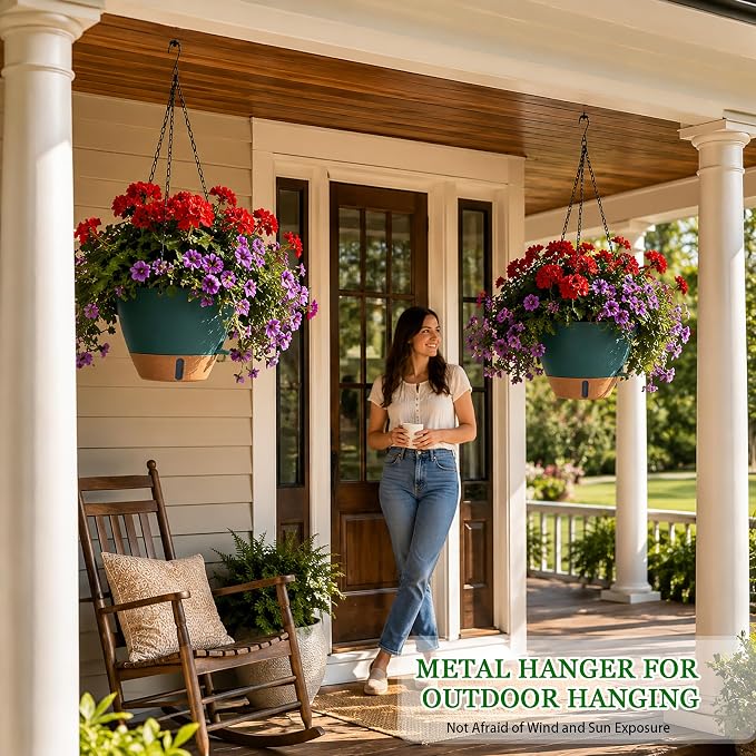 10 Inch Hanging Planters for Indoor Plants, 2 Pack Self Watering Hanging Baskets Flower Pots with Drainage Hole, Visual Reservoir & 2 Kinds of Plant Hanger for Home Decor (Deep Teal, 10 Inch)