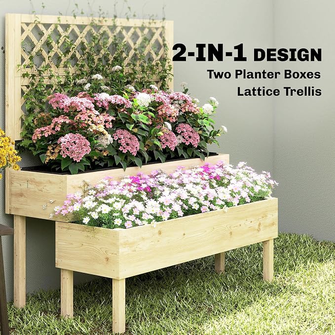 Outsunny 2-Tier Raised Garden Bed with Trellis, Wooden Elevated Planter Box with Drainage Gaps, Liners, Trellis Planter for Climbing Plants, Flowers, Herbs, 42.5" x 24.4" x 47.2", Natural