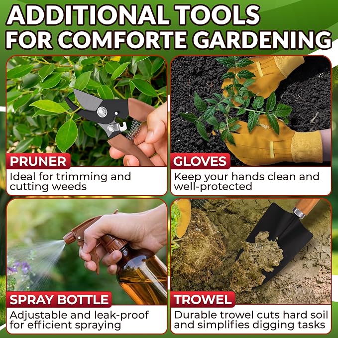 10 Pcs Gardening Tool Set for Women, Rust-Resistant Steel, Tote Bag | Garden Tools Set for Plant Care, Digging, Planting & Potting; Ergonomic Handles, Gloves & Spray Bottle; Gift for Plant Lovers