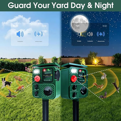 Outdoor Ultrasonic Animal Repeller, Deer Repeller with Solar-Powered, Motion-Activated Deterrent – Repellent for Cats, Dogs, Deer, Squirrels & Raccoons for Garden and Yard
