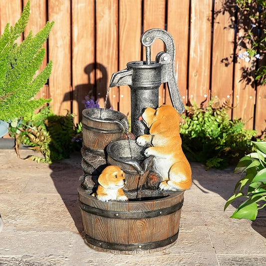 Glitzhome Water Fountain Outdoor, Outdoor Fountain with Lights & Pump, 23.75" H Cute Dog Playing Around The Water Polyresin Cascading Waterfall Floor Standing Water Feature for Garden, Patio