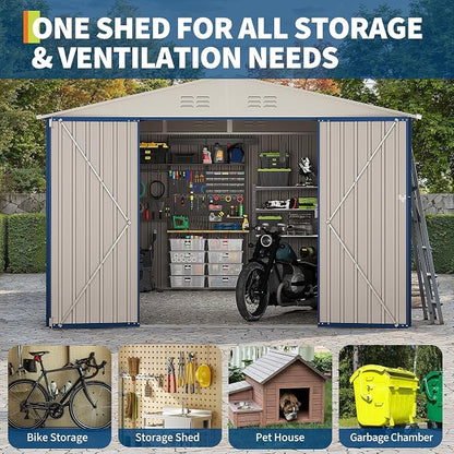 Garvee 10x12 FT Metal Storage Shed – Lockable Doors, Floor Frame, Blue | Spacious 10x12 interior – stores bikes, tools, and more.