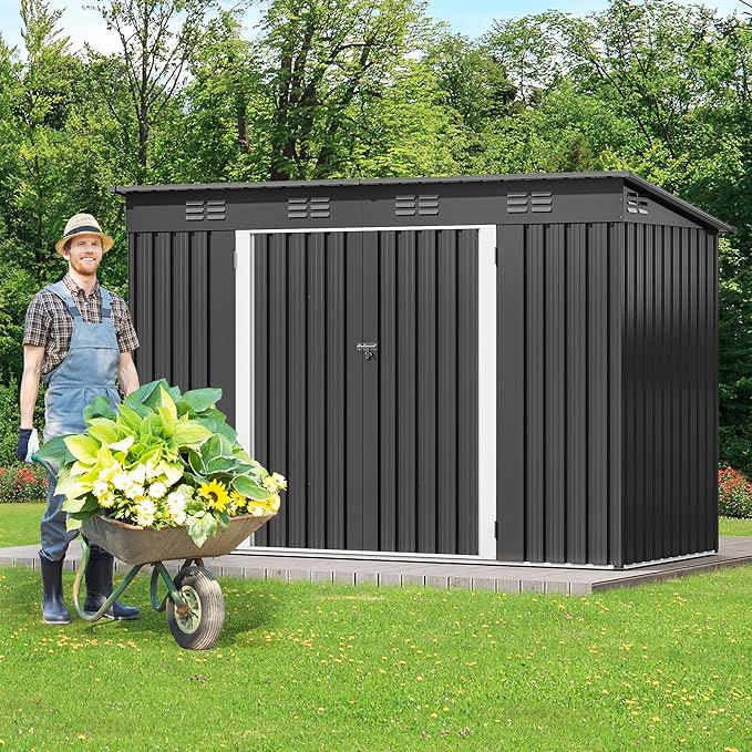 DWVO 9x4ft Large Tool Storage Shed with Window, Lockable Doors, and Sloped Roof, Oversized Steel Outdoor Storage Shed for Garden, Patio, Garage, Backyard, Lawn - Dark Gray