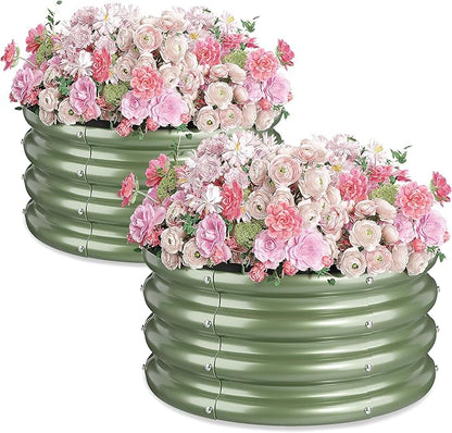 2 x 2 x 1 ft Round Raised Garden Bed, Green 2 Pack 12 in Deep Galvanized Steel Planter Box with Safety Edge Trim for Vegetables Flowers Herbs Backyard Patio Outdoor Garden