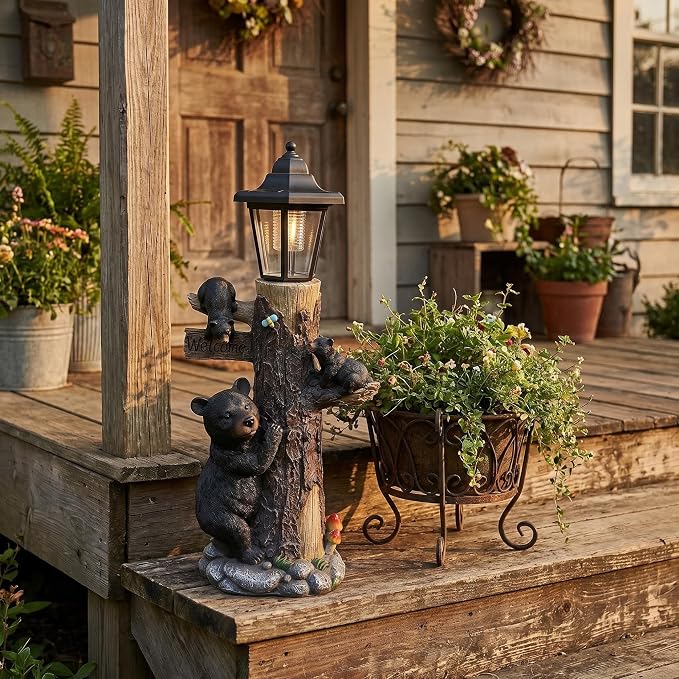 Solar Black Bear Family Garden Statue with Welcome Sign – 19" Hand-Painted Resin Bear Cubs Climbing Tree, Auto On/Off LED Light, Outdoor Yard Lawn Patio Decor, Housewarming Christmas Birthday Gift