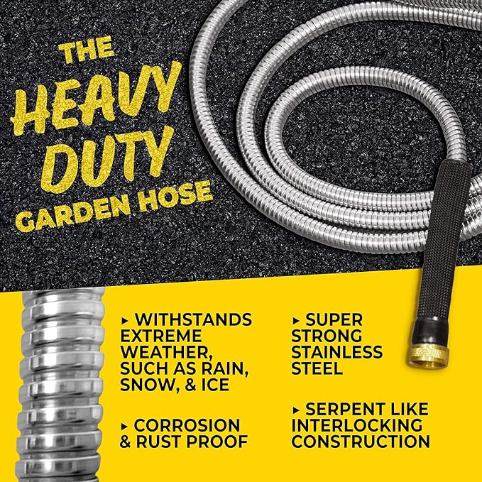 BIONIC STEEL PRO 75 Ft Metal Garden Hose with Brass Nozzle | Water Hose Made from Heavy Duty 304 Stainless Steel, Flexible, Lightweight, Brass Fittings, Non Kinking, 500 PSI