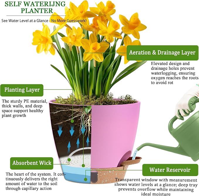 Self Watering Pots for Inoor Ourdoor Plants 8/7/6.5/6/5 Inch Plastic Planters with Drainage Holes & Water Level Indicator, Decorative House Flower Nursery Planting Pots with Saucers (Dusty Lavender)