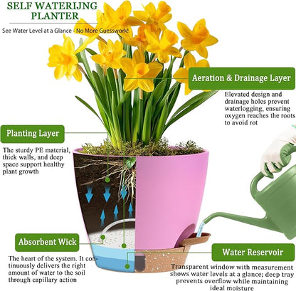 Self Watering Pots for Inoor Ourdoor Plants 8/7/6.5/6/5 Inch Plastic Planters with Drainage Holes & Water Level Indicator, Decorative House Flower Nursery Planting Pots with Saucers (Dusty Lavender)