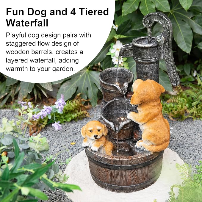 Glitzhome Water Fountain Outdoor, Outdoor Fountain with Lights & Pump, 23.75" H Cute Dog Playing Around The Water Polyresin Cascading Waterfall Floor Standing Water Feature for Garden, Patio