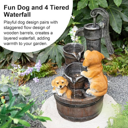 Glitzhome Water Fountain Outdoor, Outdoor Fountain with Lights & Pump, 23.75" H Cute Dog Playing Around The Water Polyresin Cascading Waterfall Floor Standing Water Feature for Garden, Patio