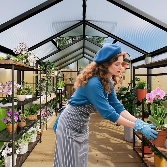 8x10 FT Greenhouse, Greenhouses for Outside, Polycarbonate Greenhouse with Aluminum Frame, Lockable Door and Ajustable Roof Vent for Backyard, Green Houses for Outside Garden Backyard, Patio