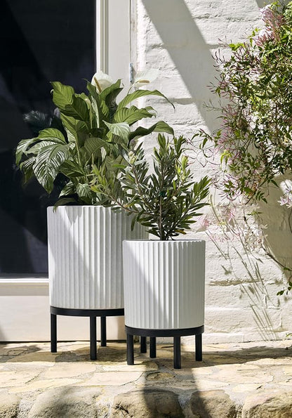 Veradek Demi Series Round Planter w/Stand for Porch/Patio | Durable Plastic-Stone Composite & Wooden Stand | Modern Décor for Tall Plants, Flowers
