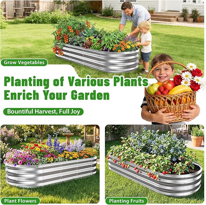 Oval Raised Garden Bed, 5 x 2 x 1FT, Galvanized Steel Planter Box with Wave-Shaped Metal Panels for Outdoor Flower,Tree,Herb & Vegetable Garden (Silver, 60X24X12 inches)