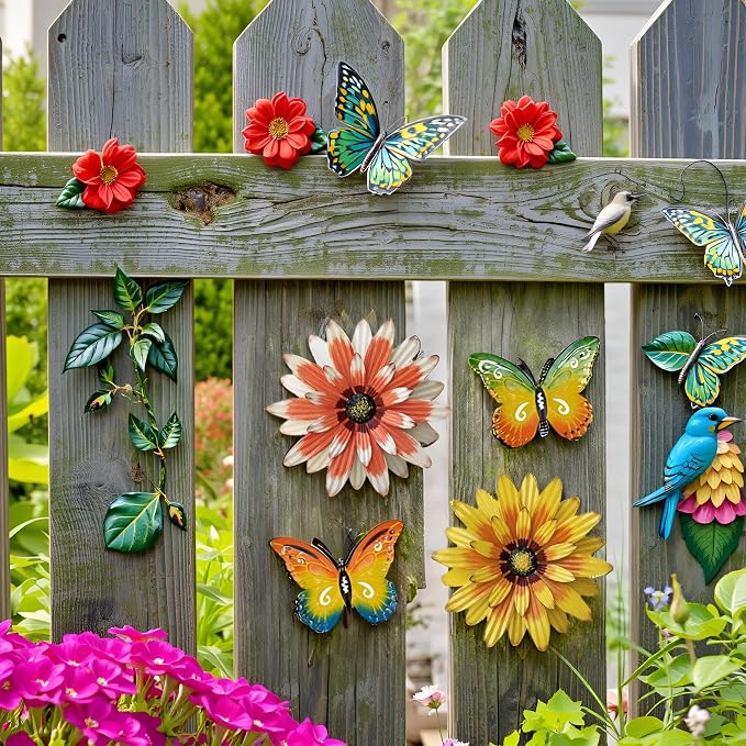 Meduofon Metal Flowers Outdoor Wall Decor, 4 Pack Metal Flower & Butterfly Wall Art Decor Outdoor or Indoor, Wall Sculptures for Deck Decor, Garden Fence, Yard, Patio, Porch, Bedroom, Living Room