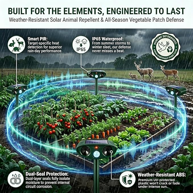 4 Pack Solar Ultrasonic Animal Repellent Outdoor Deer Repellent Devices Squirrel Cat Deterrent with Motion Sensor Waterproof Rabbit Repellent Raccoon Fortress Pro for Plants Garden Yard