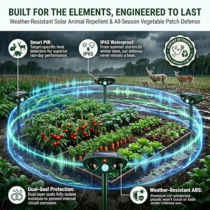 2 Pack Ultrasonic Deer Repellent Device with Motion Sensor for Plant Garden Solar Animal Repellent Outdoor to Keep Cat Rabbit Raccoon Out of Yard Farm Squirrel Fortress Pro Deer Deterrent