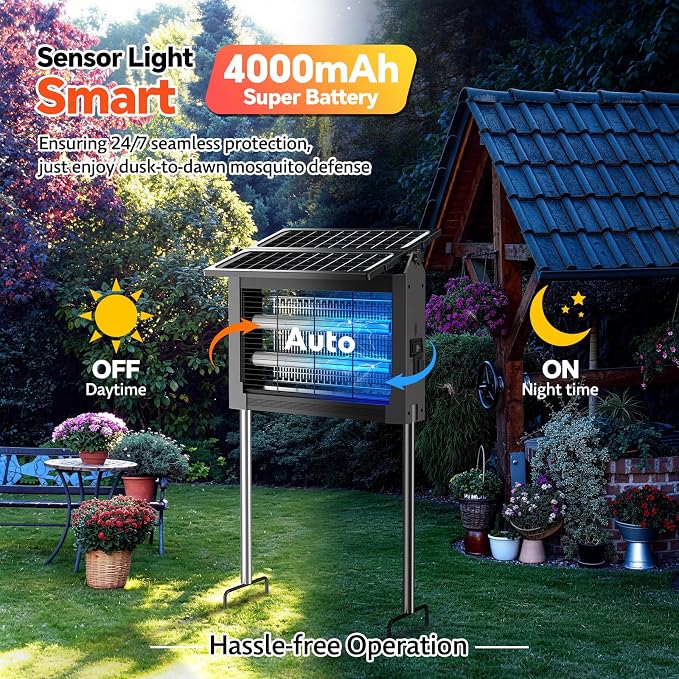 Solar Bug Zapper Outdoor, Dual Solar Panels, 4500V Waterproof Portable Mosquito Zappers, Cordless Fly Trap w/Auto Mode, Rechargeable Mosquitoes Insect Killer for Patio Yard Garden Camping Pool(Gray)