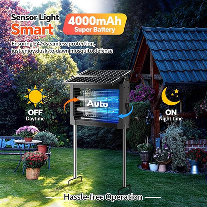 Solar Bug Zapper Outdoor, Dual Solar Panels, 4500V Waterproof Portable Mosquito Zappers, Cordless Fly Trap w/Auto Mode, Rechargeable Mosquitoes Insect Killer for Patio Yard Garden Camping Pool(Gray)