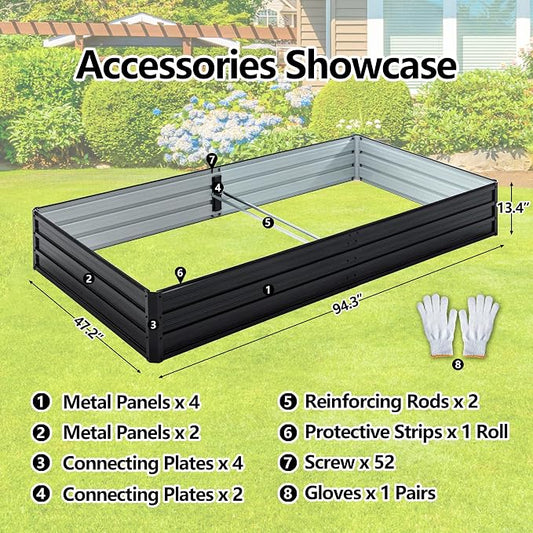 Thanaddo Galvanized Raised Garden Bed 8x4x1ft Outdoor Planter Box Galvanized Steel Garden Bed Kit for Vegetables, Flowers, Herbs and Succulents Black
