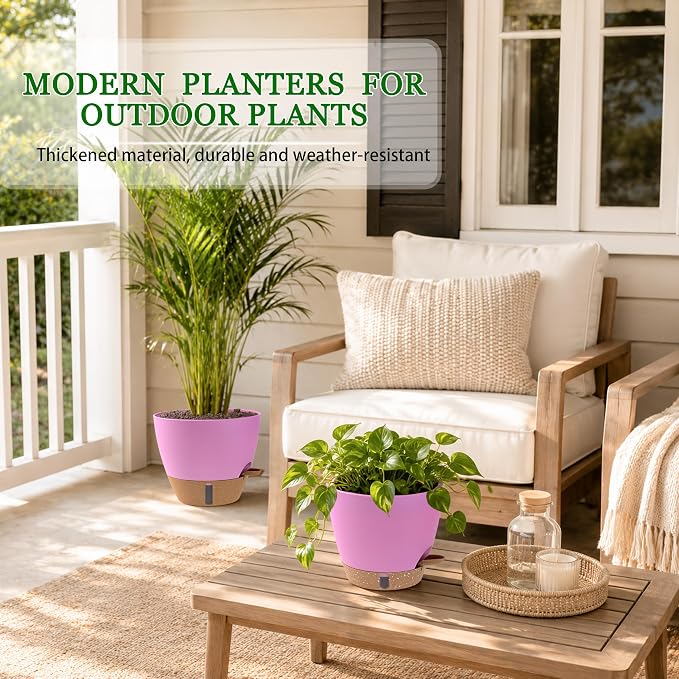 Self Watering Pots for Inoor Ourdoor Plants 10/9/8/7/6.5 Inch Plastic Planters with Drainage Holes & Water Level Indicator, Decorative House Flower Nursery Planting Pots with Saucers (Dusty Lavender)