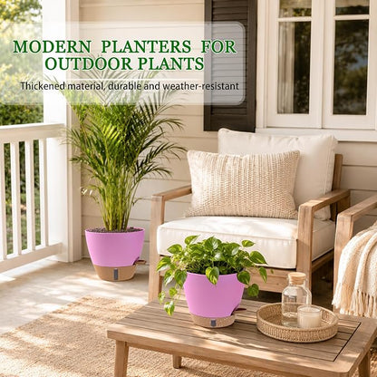 Self Watering Pots for Inoor Ourdoor Plants 10/9/8/7/6.5 Inch Plastic Planters with Drainage Holes & Water Level Indicator, Decorative House Flower Nursery Planting Pots with Saucers (Dusty Lavender)