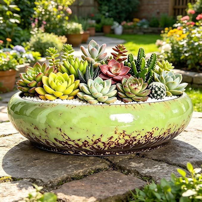 Succulent Pots, 10 Inch, Shallow Planter with Drainage for Succulent Planters, Bonsai Pots & Cactus Pots, Plant Pots, Ceramic Planters for Indoor Plants - Perfect for Home Offie Garden Decor, Green