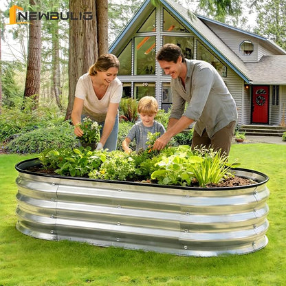 NEWBULIG Galvanized Raised Garden Bed Outdoor, 6x3x1ft Metal Planter Box for Vegetables Flowers Herbs, Heavy-Duty Oval Raised Flower Bed for Gardening, Open Bottom, Easy Assembly, Safe Edges