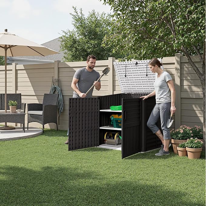 Devoko Resin Outdoor Storage Shed, 34 Cu Ft Outdoor Storage Cabinet with Shelf, Waterproof, Double Locks, Resin Storage for Trash Can, Garden Tools, Pool Supplies (Black)