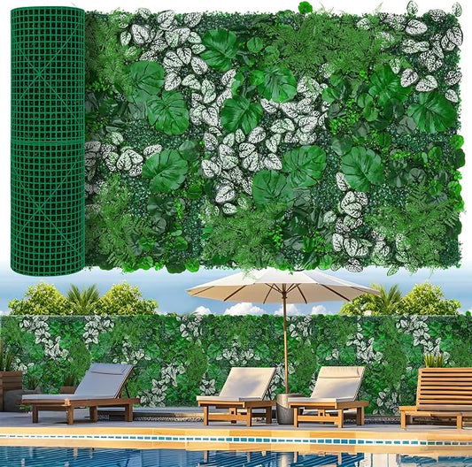 Grooy Artificial Boxwood Panels, 40"x120"(33.33 SQFT) Grass Wall Panels with Monstera Leaves,Privacy Hedge Fence Screen with UV Protection,Fake Greenery Backdrop for Indoor Wedding