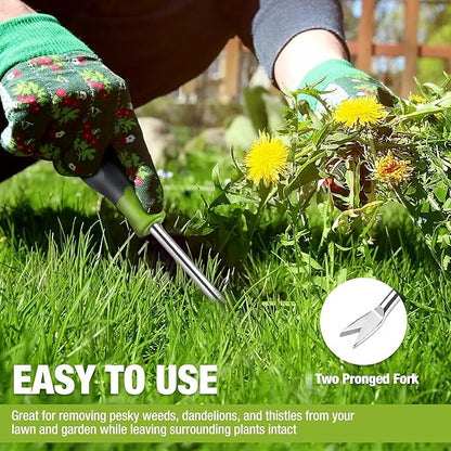 WORKPRO 11.5" Dandelion Weeder Puller Tool with Soft Handle | Polished Stainless Steel Garden Weed Remover Tool, Two-Pronged Fork Weeder Tool for Lawn Farmland Transplant Gardening