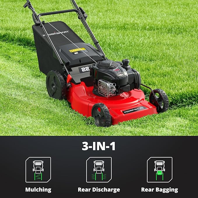 PowerSmart 22” Gas Lawn Mower, 150cc B&S Engine, Self-Propelled, 3-in-1 Mulching System, 6 Cutting Heights, Rear-Wheel Drive, Durable Steel Deck for Yard