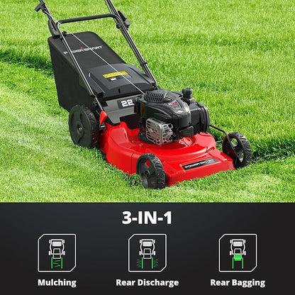 PowerSmart 22” Gas Lawn Mower, 150cc B&S Engine, Self-Propelled, 3-in-1 Mulching System, 6 Cutting Heights, Rear-Wheel Drive, Durable Steel Deck for Yard
