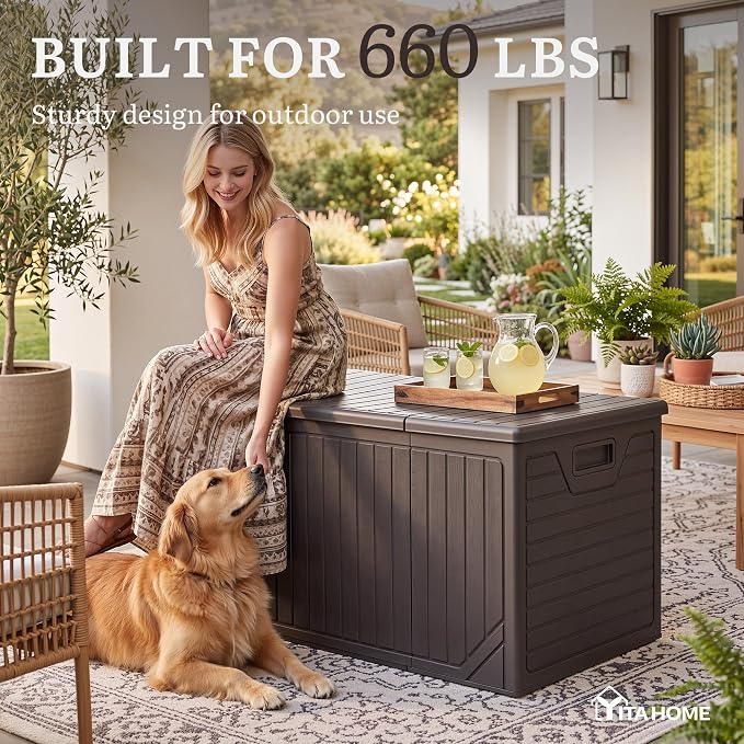 YITAHOME XXL 300 Gallon Extra Large OutdoorDeck Box, Lockable Resin Storage Box and Waterproof Patio Furniture Bin for Garden Tools & Pool Accessories, Brown