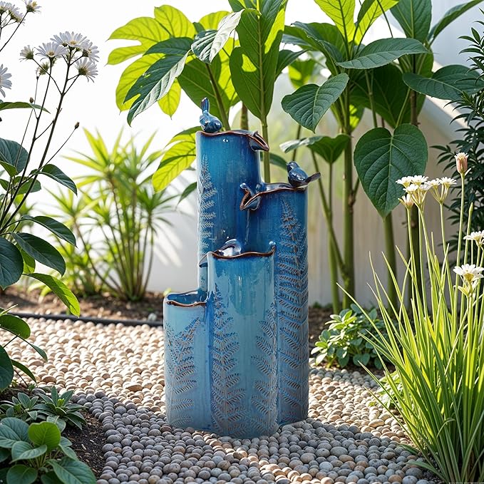 32" Outdoor Water Fountain, Ceramic Outdoor Fountain, Stacked 4-Tier Vase Waterfalls for Garden, Patio, Yard, or Porch Decor, Creating Relaxing Serene Oasis, Embossed Leaf Pattern, Turquoise