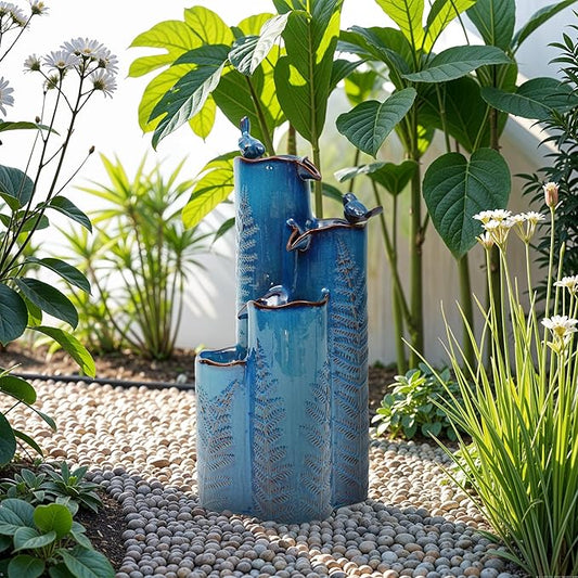 32" Outdoor Water Fountain, Ceramic Outdoor Fountain, Stacked 4-Tier Vase Waterfalls for Garden, Patio, Yard, or Porch Decor, Creating Relaxing Serene Oasis, Embossed Leaf Pattern, Turquoise