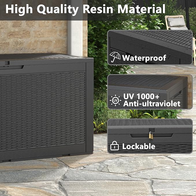 NUNU LAB 100 Gallon Large Waterproof Resin Deck Box, Lockable Outdoor Storage Box with Gas Lift, Patio Cushions, Garden Tools, Pool Supplies, Indoor Outdoor Storage Container, Black