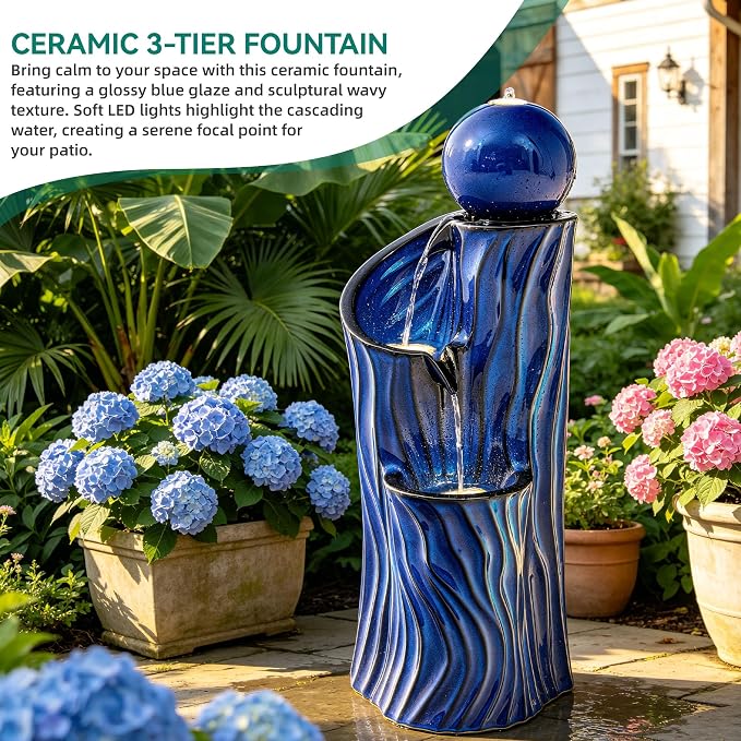 32" H Ceramic Outdoor Water Fountain with LED Lights, 3-Tier Cascading Sphere Water Feature, Tranquil Waterfall for Relaxing Garden, Patio, Yard, or Porch, Cobalt Blue, Dynamic Wave-Texture