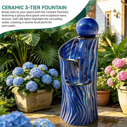 32" H Ceramic Outdoor Water Fountain with LED Lights, 3-Tier Cascading Sphere Water Feature, Tranquil Waterfall for Relaxing Garden, Patio, Yard, or Porch, Cobalt Blue, Dynamic Wave-Texture