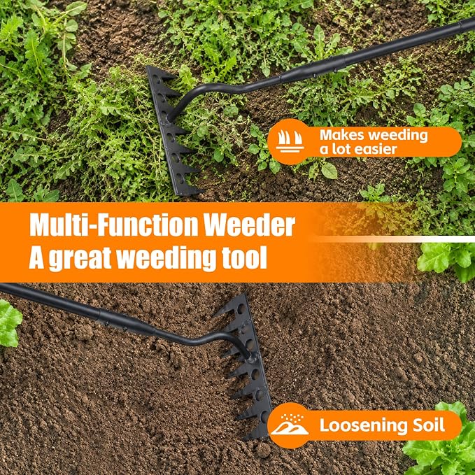 Weeding Rake, 11" Wide Manual Weeder Tool with Sharp Blade, 70" Heavy Duty Weed Puller Tool Stand Weed Remover Gardening Hand Tool for Lawn, Yard, Patio and Backyard, Weeding Loosening Soil
